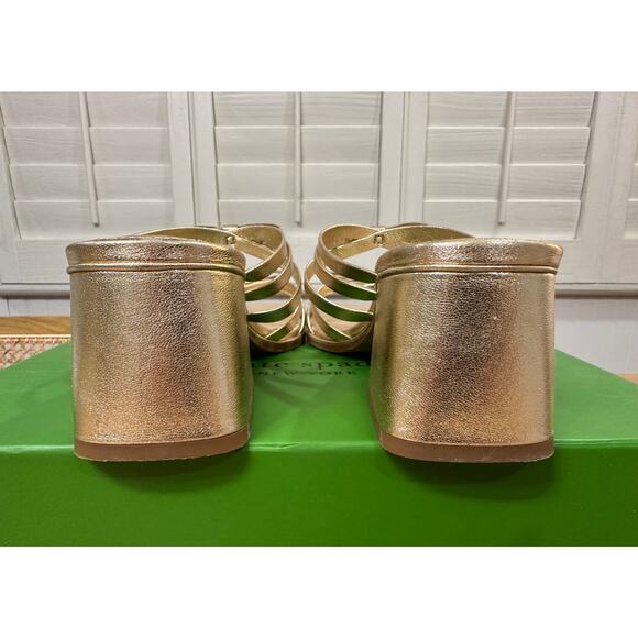 Kate Spade Carolina Block Heel Sandal Metallic Nappa Pale Gold 6.5 Lightly Worn - Picture 12 of 16